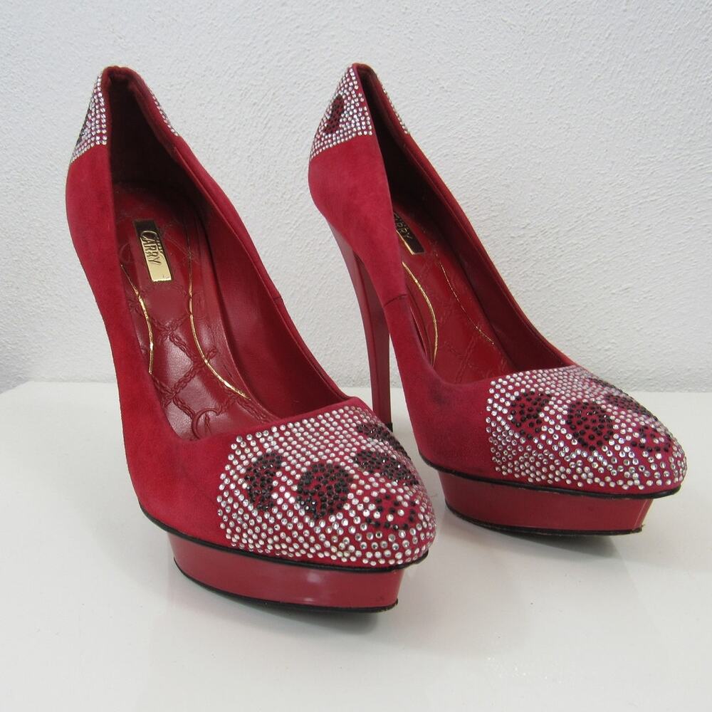 Andy Carry Size 6 Red Circle Heels Crystal Panda Faces 5" Heels Pumps Leather
